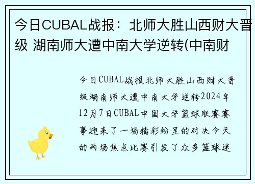 今日CUBAL战报：北师大胜山西财大晋级 湖南师大遭中南大学逆转(中南财经政法和湖南师范大学)