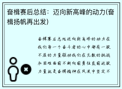 奋楫赛后总结：迈向新高峰的动力(奋楫扬帆再出发)