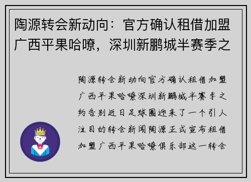 陶源转会新动向：官方确认租借加盟广西平果哈嘹，深圳新鹏城半赛季之约告别
