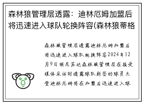 森林狼管理层透露：迪林厄姆加盟后将迅速进入球队轮换阵容(森林狼蒂格)
