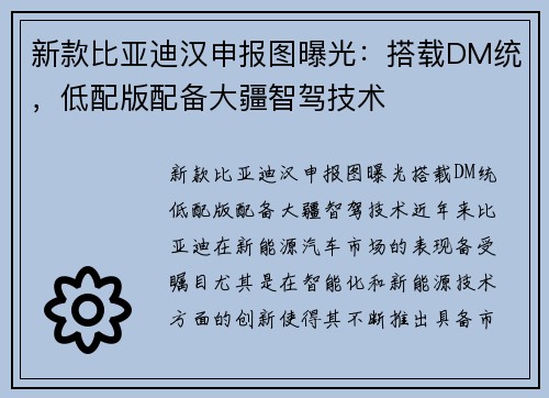 新款比亚迪汉申报图曝光：搭载DM统，低配版配备大疆智驾技术