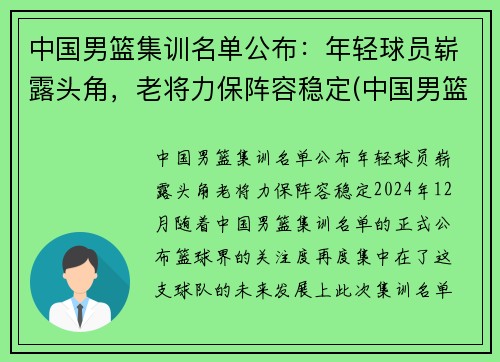 中国男篮集训名单公布：年轻球员崭露头角，老将力保阵容稳定(中国男篮集训队首次人员调整 新闻)