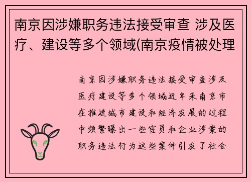 南京因涉嫌职务违法接受审查 涉及医疗、建设等多个领域(南京疫情被处理的干部)