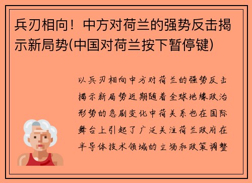 兵刃相向！中方对荷兰的强势反击揭示新局势(中国对荷兰按下暂停键)
