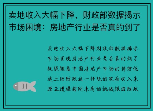 卖地收入大幅下降，财政部数据揭示市场困境：房地产行业是否真的到了极限？