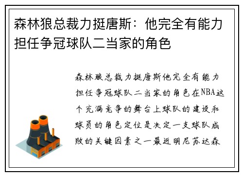 森林狼总裁力挺唐斯：他完全有能力担任争冠球队二当家的角色